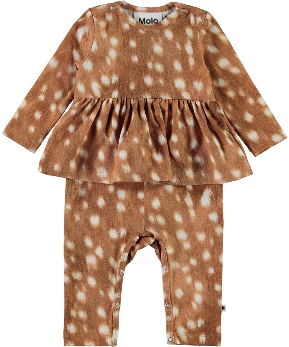 Florie - Baby Fawns - Organic baby romper in brown with a print of white spots 