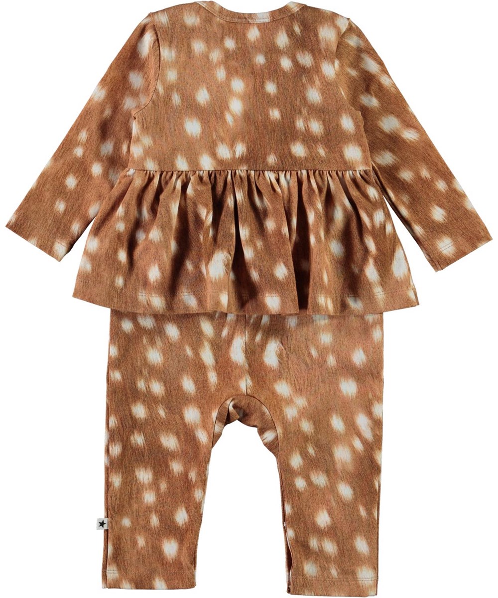 Florie - Baby Fawns - Organic baby romper in brown with a print of white spots 
