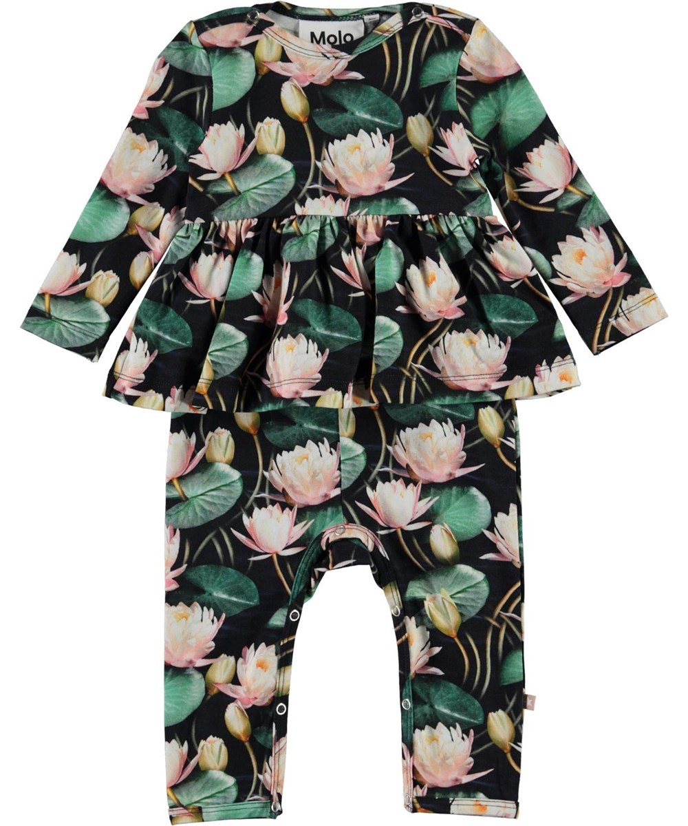 Florie - Water Lilies - Organic baby romper with water lilies and skirt