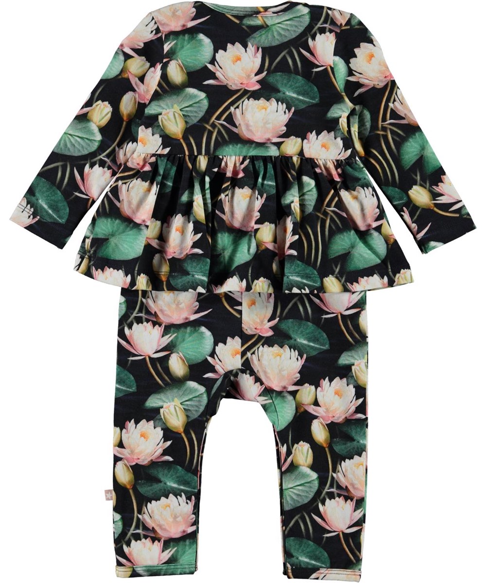 Florie - Water Lilies - Organic baby romper with water lilies and skirt