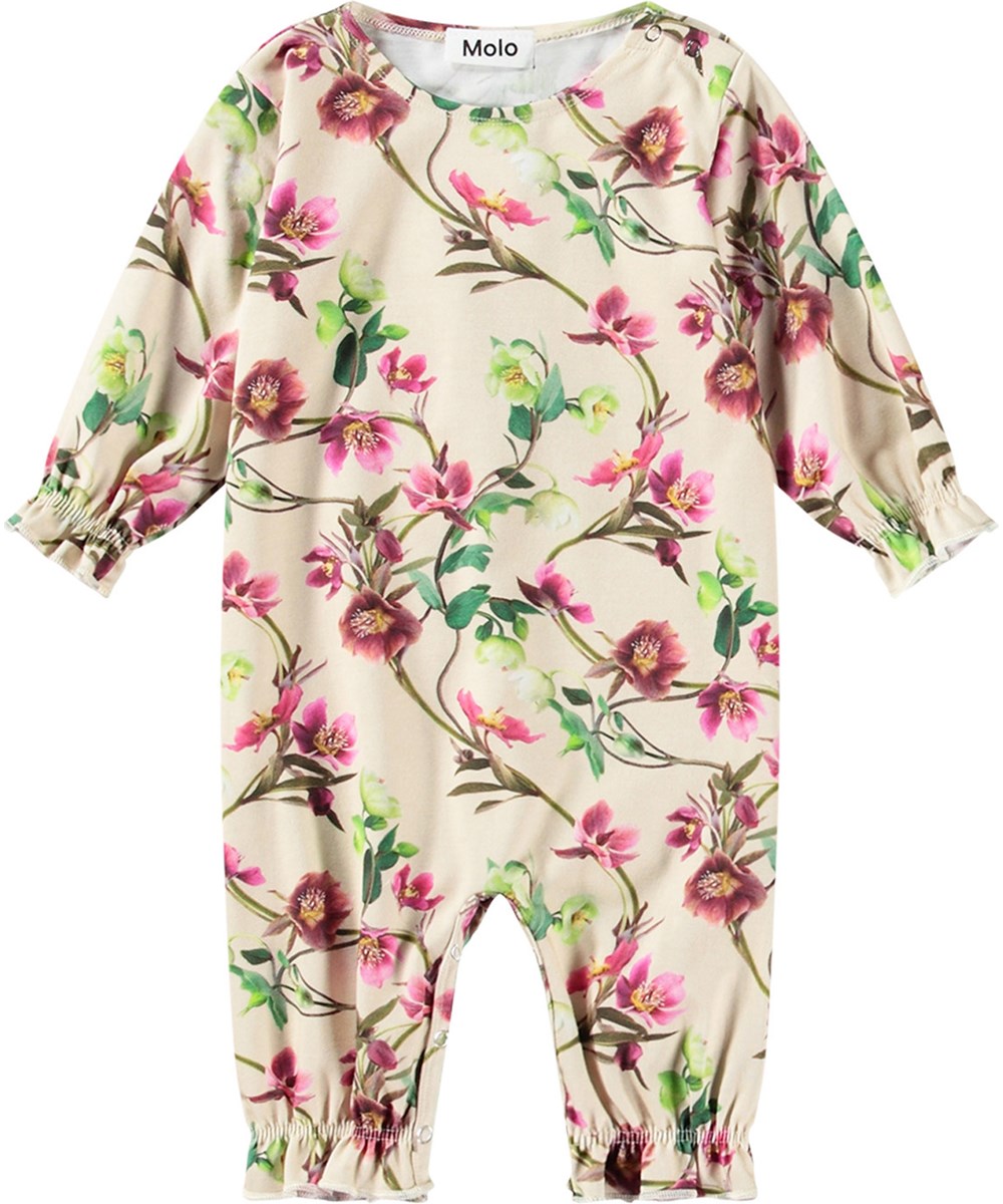 Florina - Hellebore - Beige baby romper for the little ones in soft organic cotton with flower print.