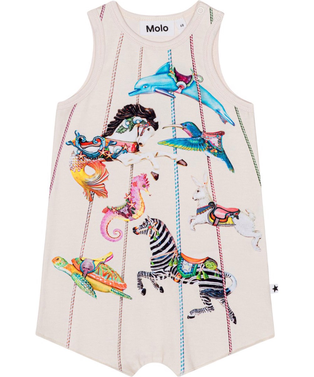 Floris - Carousel Suit - Off-white jersey baby romper with beautiful ruffle edge on the front and back with a festive print of colourful, fantastical carrousel animals