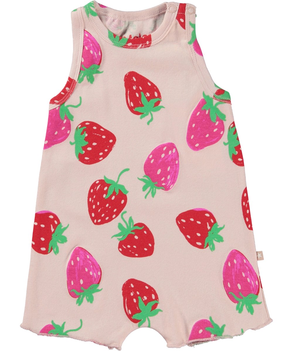 Floris - Strawberries Mini - Pink organic baby romper with strawberry print