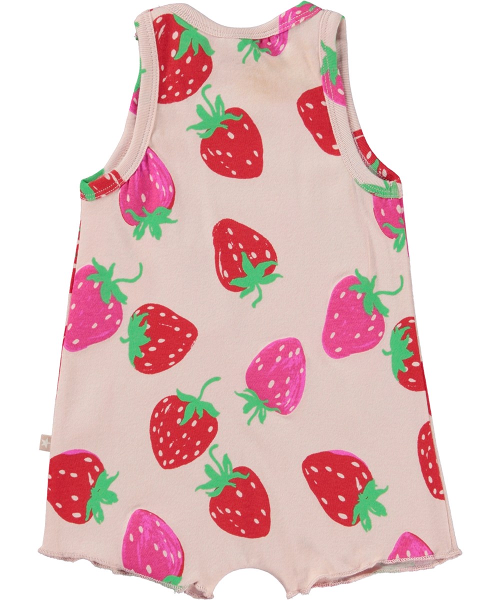 Floris - Strawberries Mini - Pink organic baby romper with strawberry print