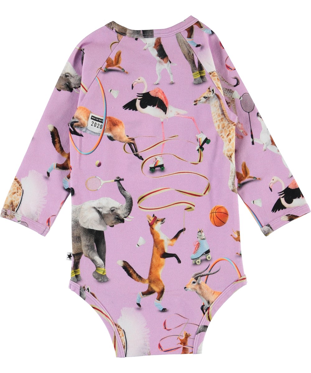 Fonda - Made For Motion - Purple organic bodysuit with animals 