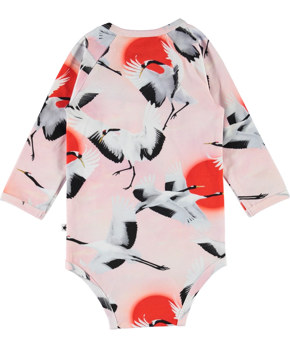 Fonda - Sunrise Cranes - Pink baby bodysuit with birds 