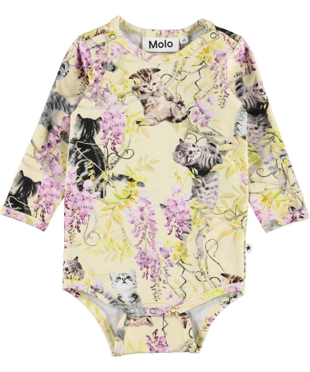 Foss - Clumsy Cuteness - Organic light yellow baby bodysuit wisteria kittens