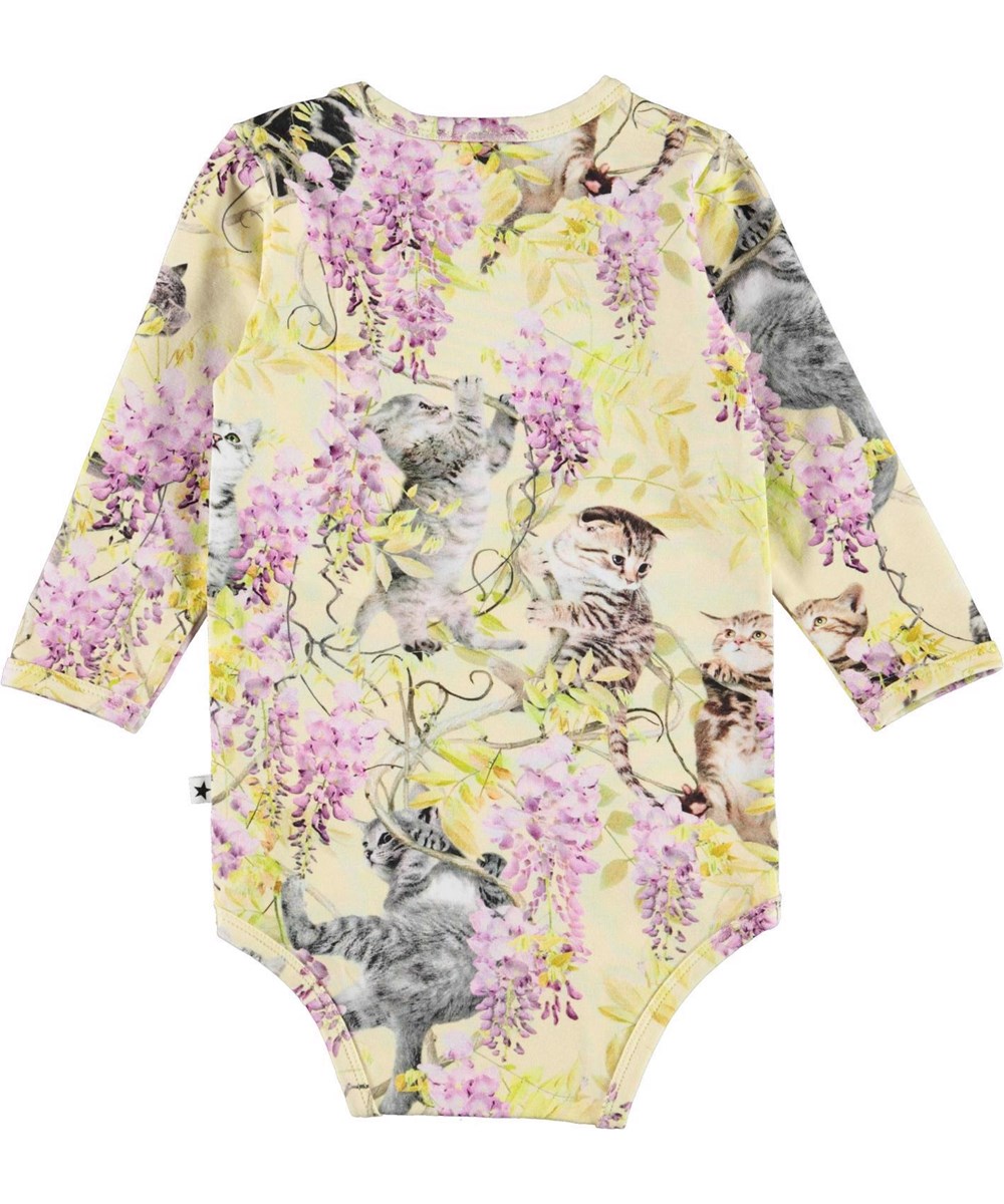 Foss - Clumsy Cuteness - Organic light yellow baby bodysuit wisteria kittens