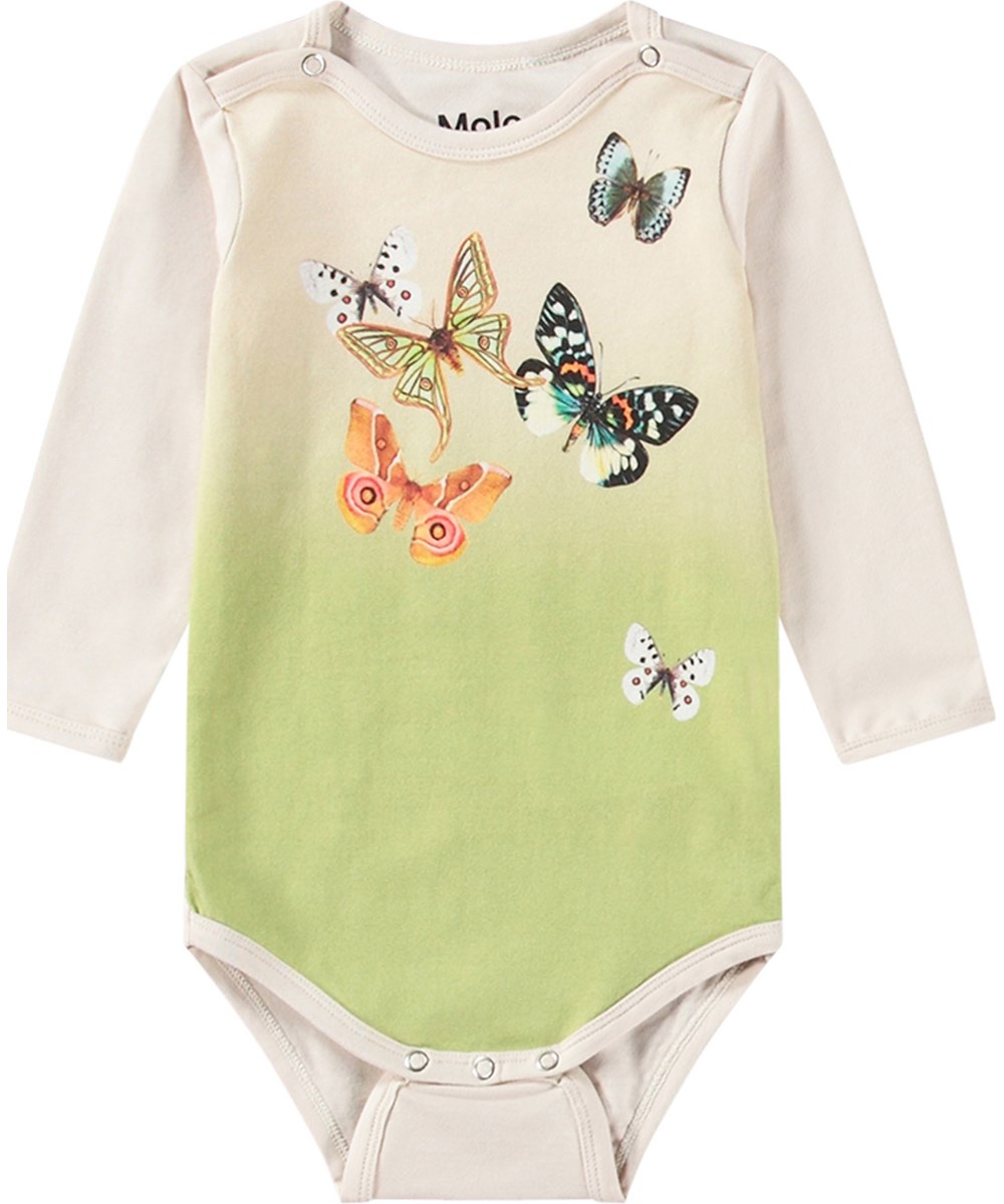 Foss - Papillion Body - Off-white long-sleeved baby bodysuit made from organic cotton with butterfly print.