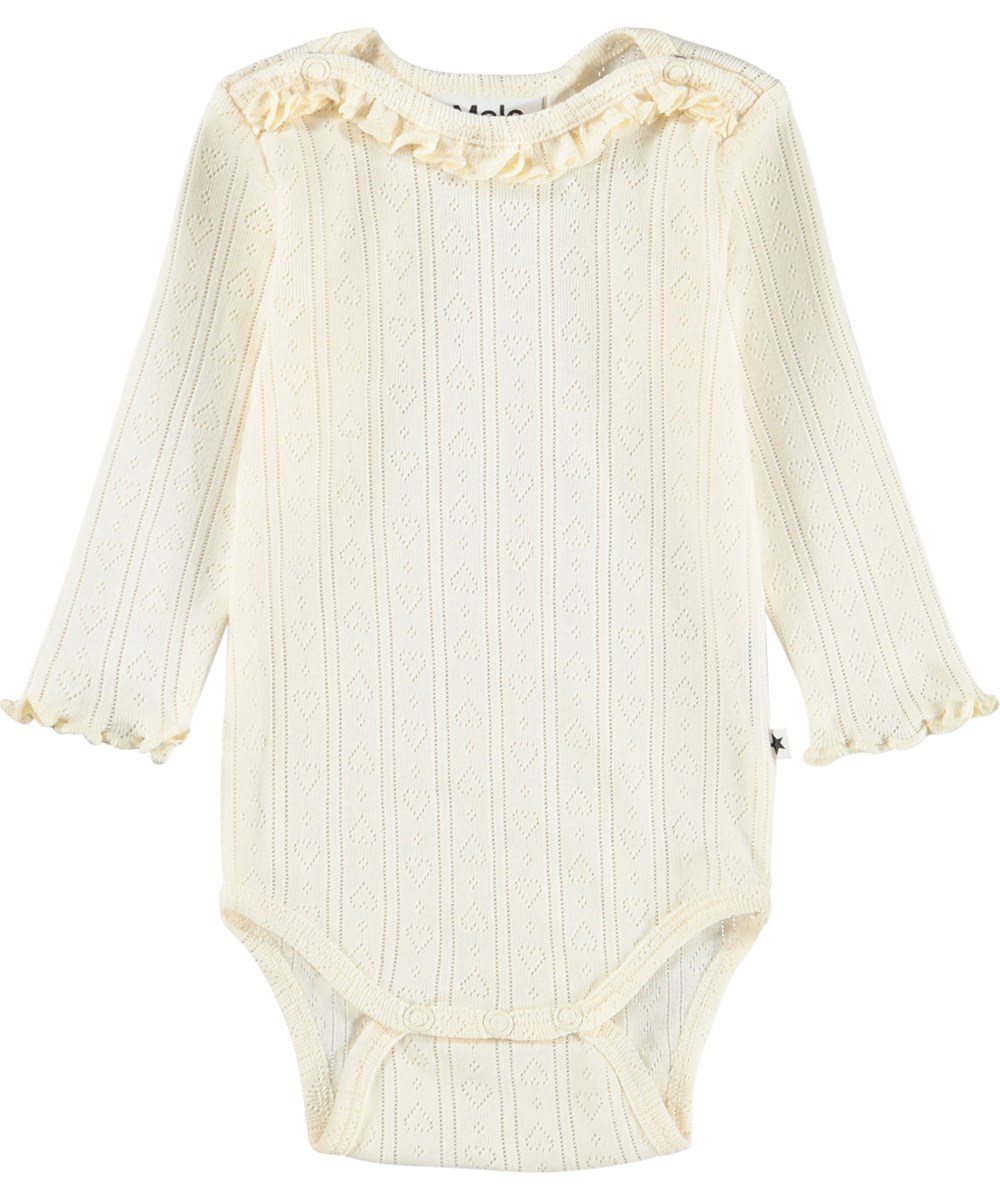 Foss - Pearled Ivory - White, long-sleeved bodysuit for the little ones made of organic cotton pointelle with ruffles