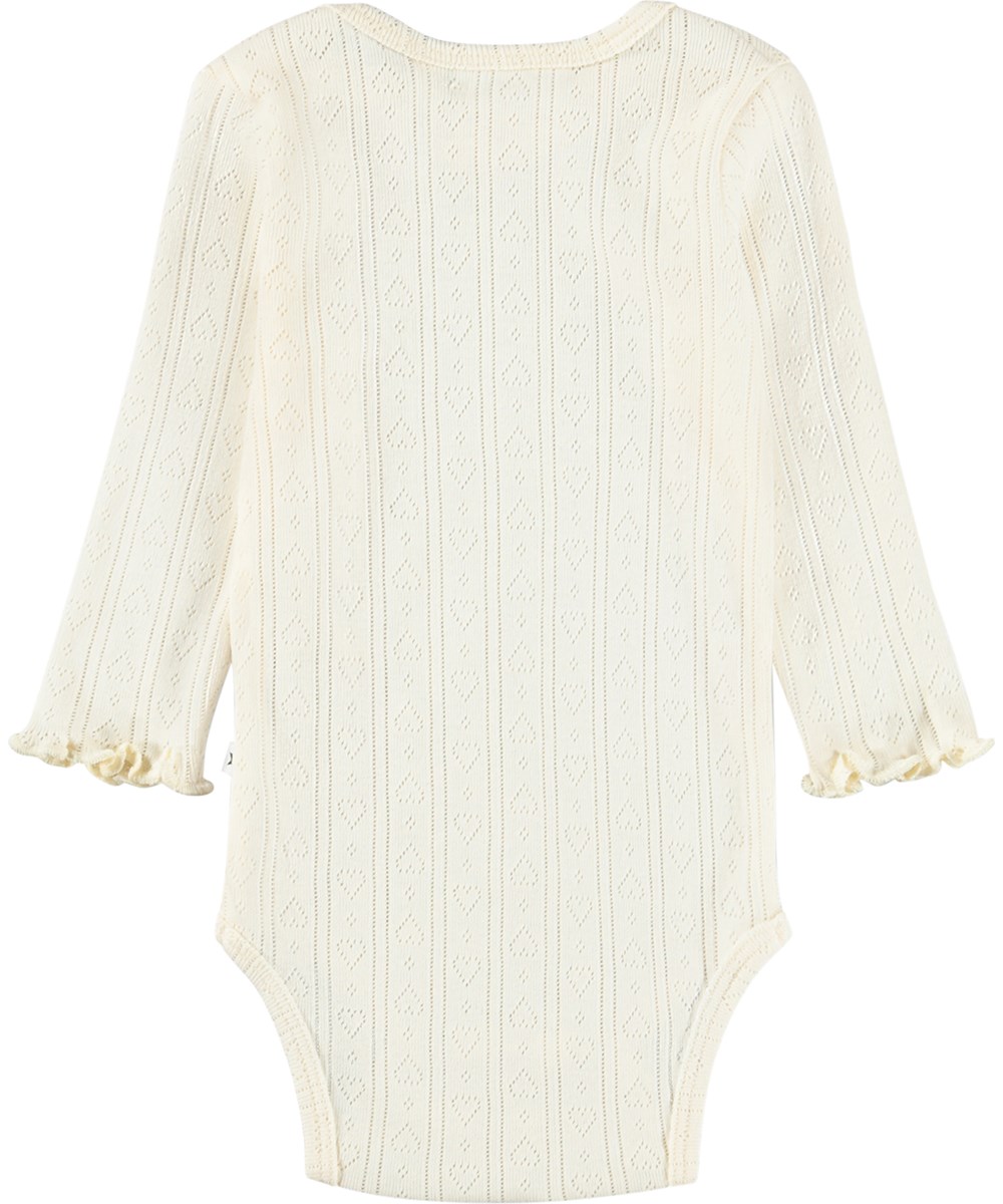 Foss - Pearled Ivory - White, long-sleeved bodysuit for the little ones made of organic cotton pointelle with ruffles