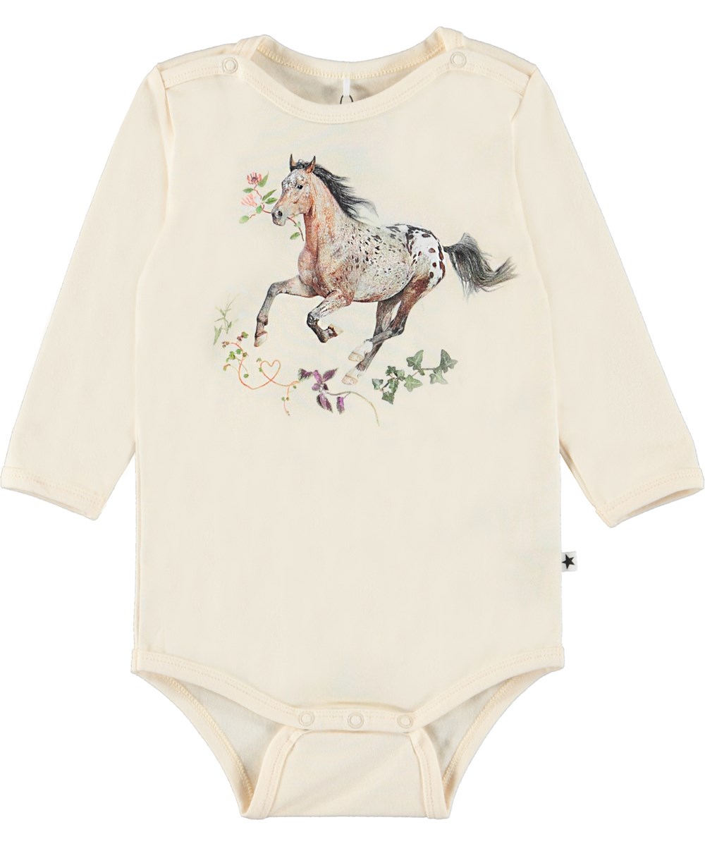 Foss - Spring Horse - Light coloured organic baby bodysuit horse drawing