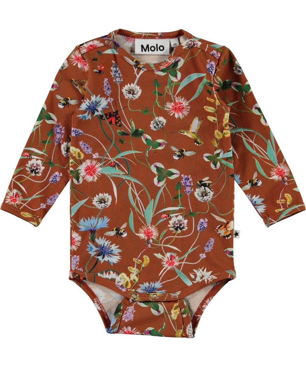 Foss - Wildflowers - Brown organic baby bodysuit with flowers