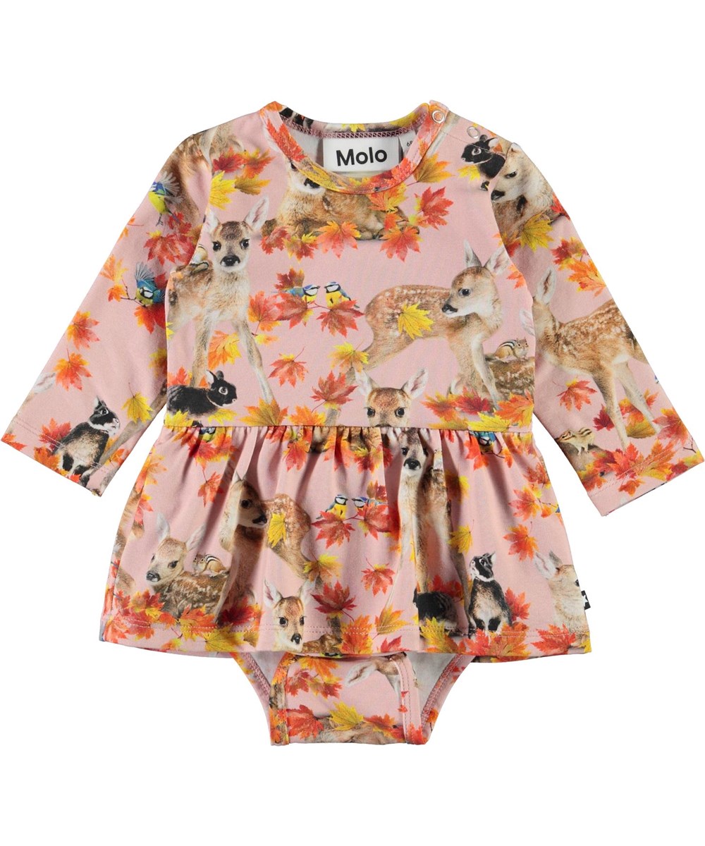 Frances - Autumn Fawns - Organic baby bodysuit in pink with animals and ruffle