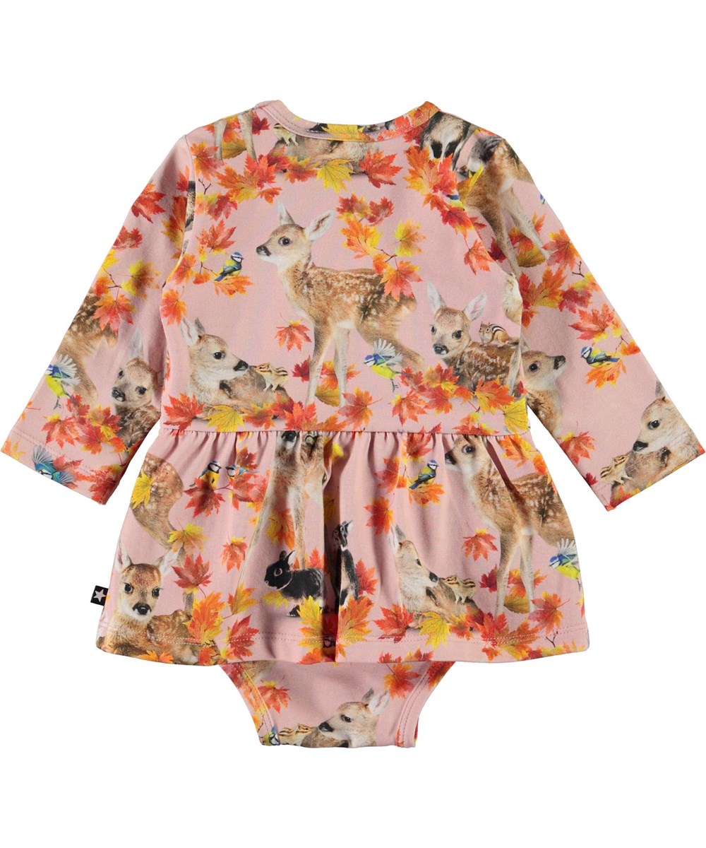 Frances - Autumn Fawns - Organic baby bodysuit in pink with animals and ruffle
