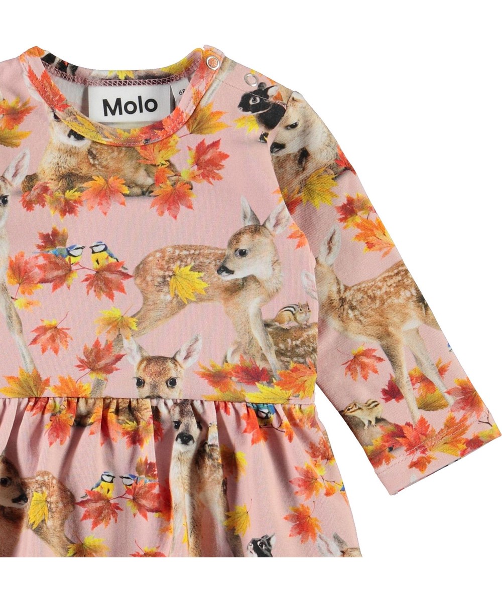 Frances - Autumn Fawns - Organic baby bodysuit in pink with animals and ruffle