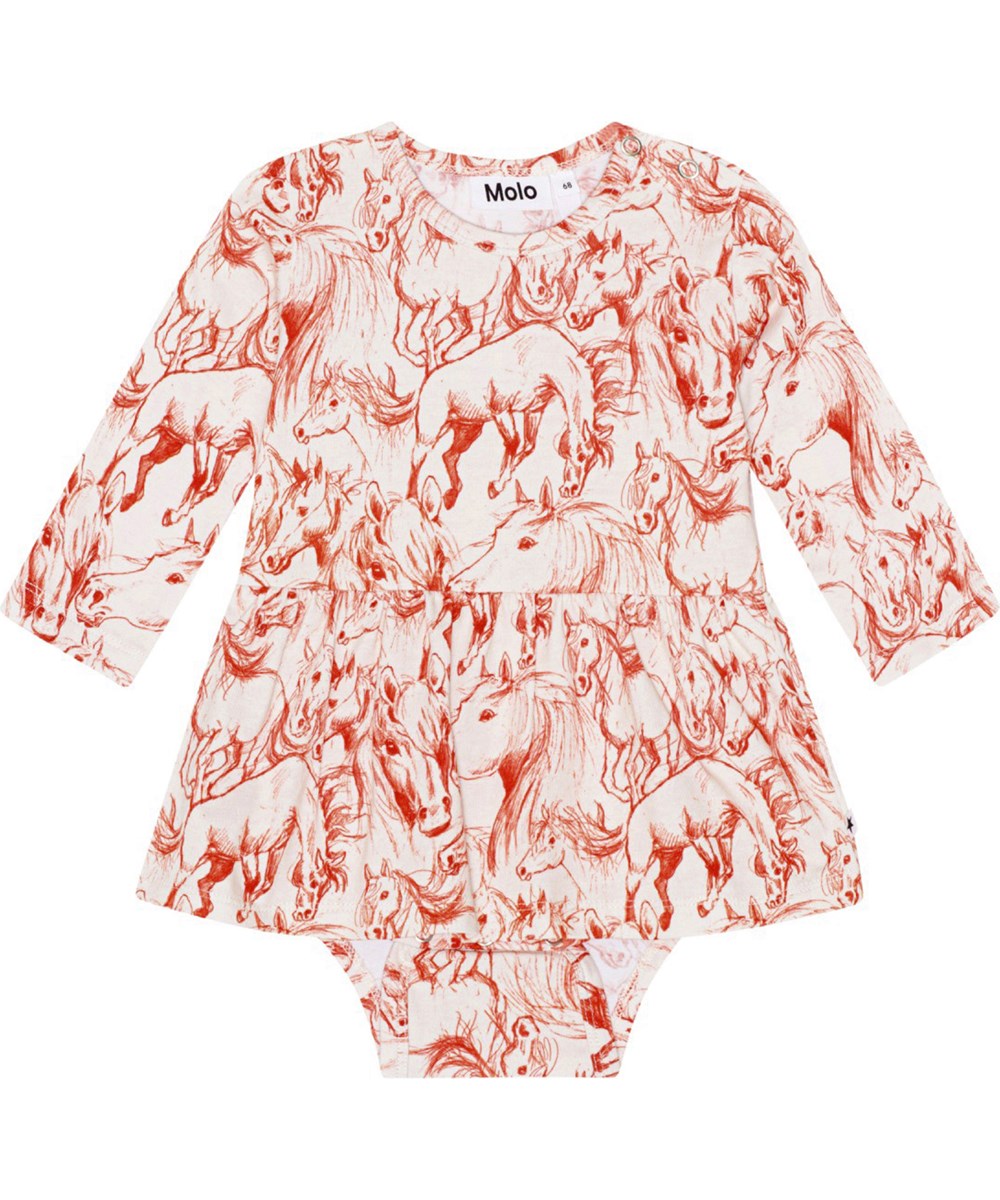 Frances - Red Horses - Off-white baby bodysuit in stretchy, organic cotton jersey with a red, all over print of beautiful, hand drawn horses