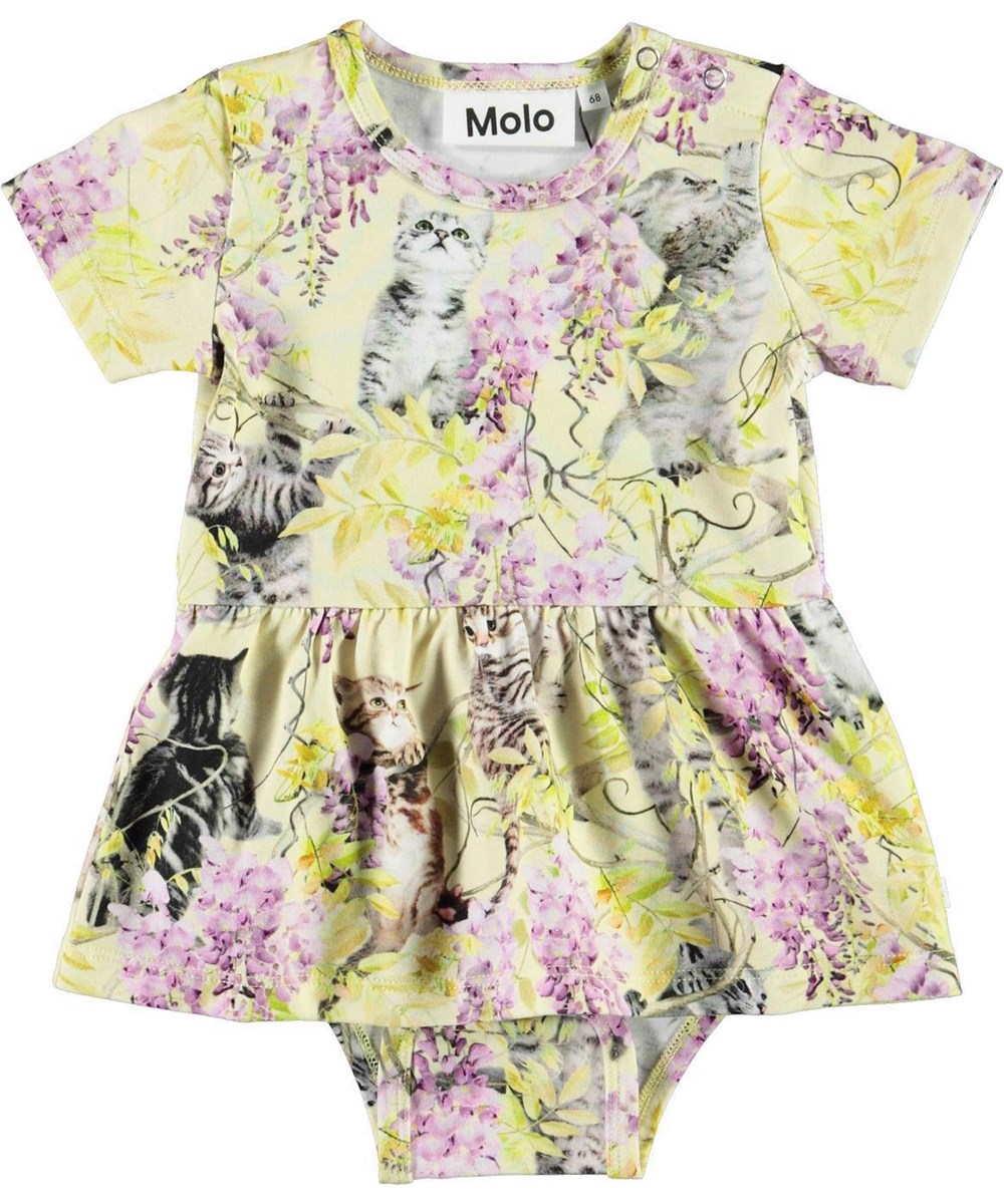 Frannie - Clumsy Cuteness - Baby bodysuit with peplum wisteria kittens