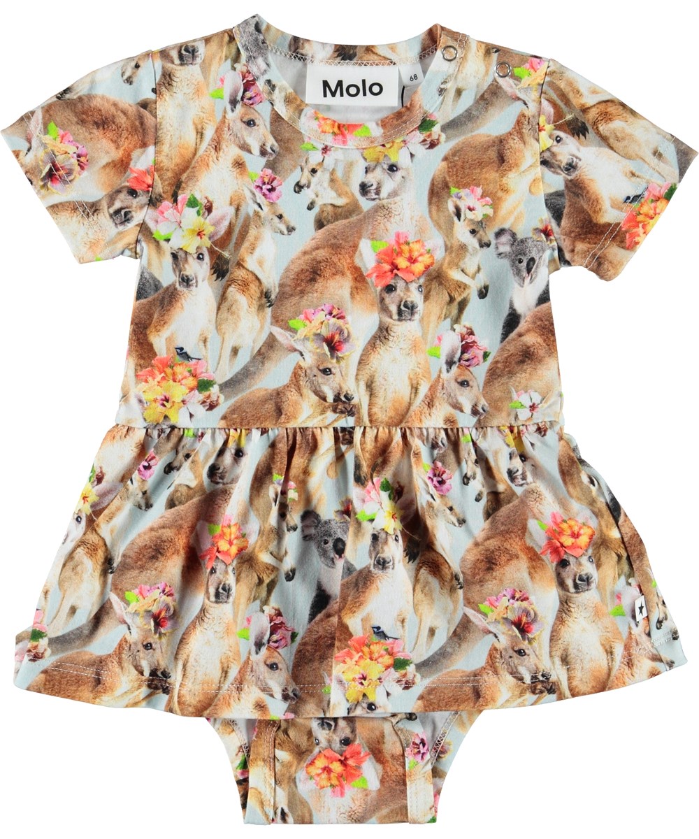 Frannie - Kindred Kangaroo - Organic baby bodysuit with kangaroos and a peplum 