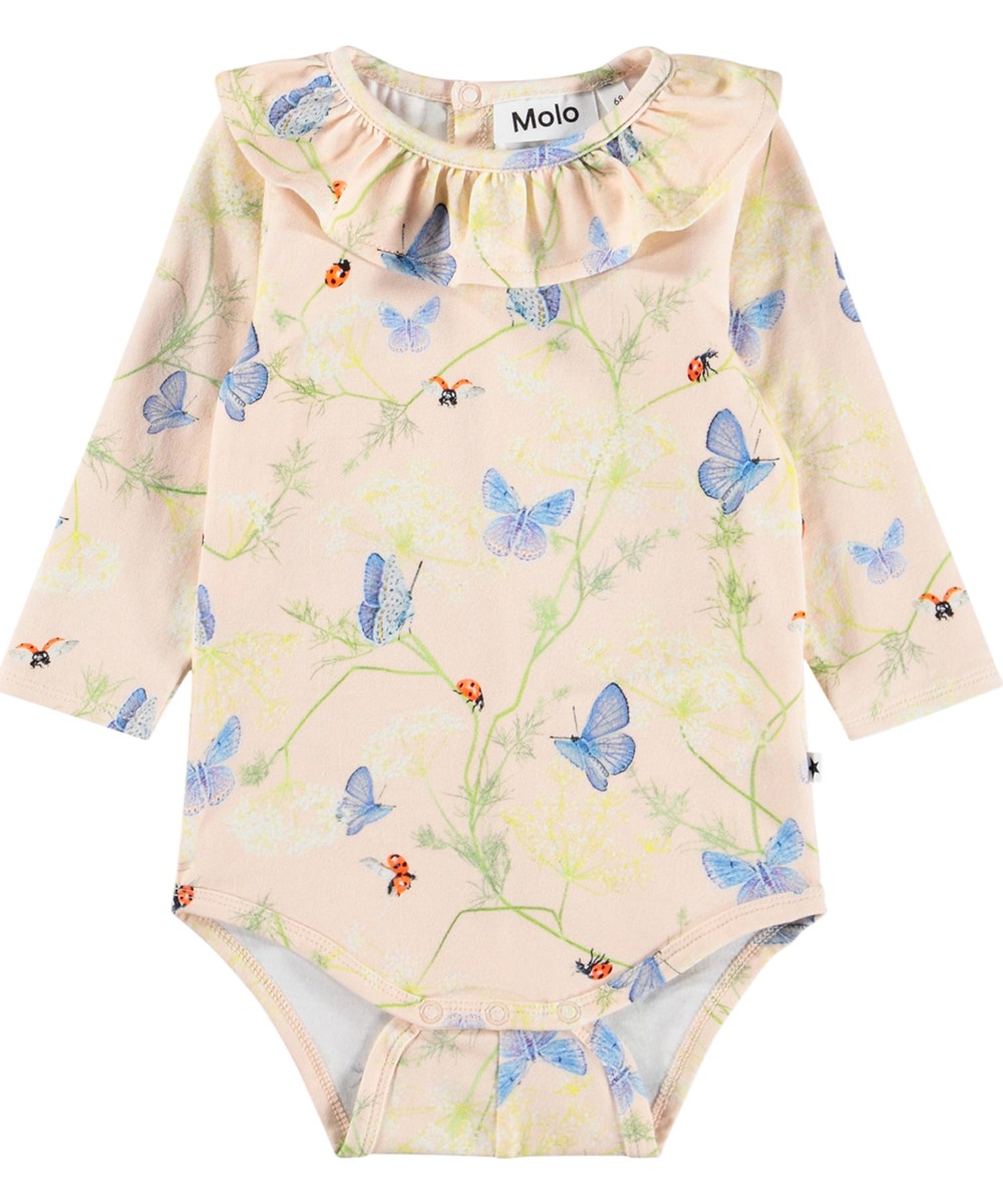 Freya - Butterflys Cloud - Pink, long-sleeved bodysuit for the littel ones made of organic cotton with a ruffle collar