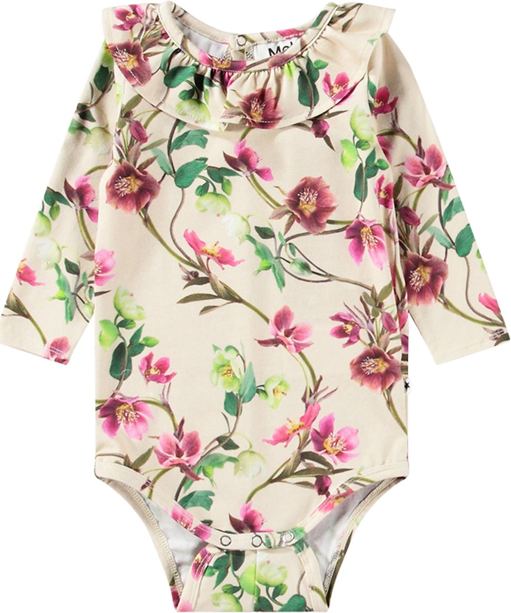 Freya - Hellebore - Beige long-sleeved baby bodysuit made from organic cotton with flower print.