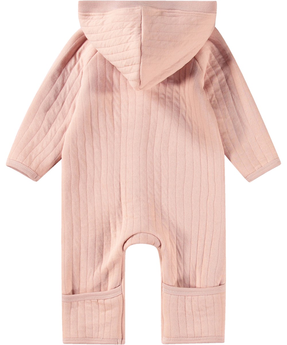 Frigg - Petal Blush - Dusty pink baby romper in channel quilted cotton with hood and ribbed cuffs.