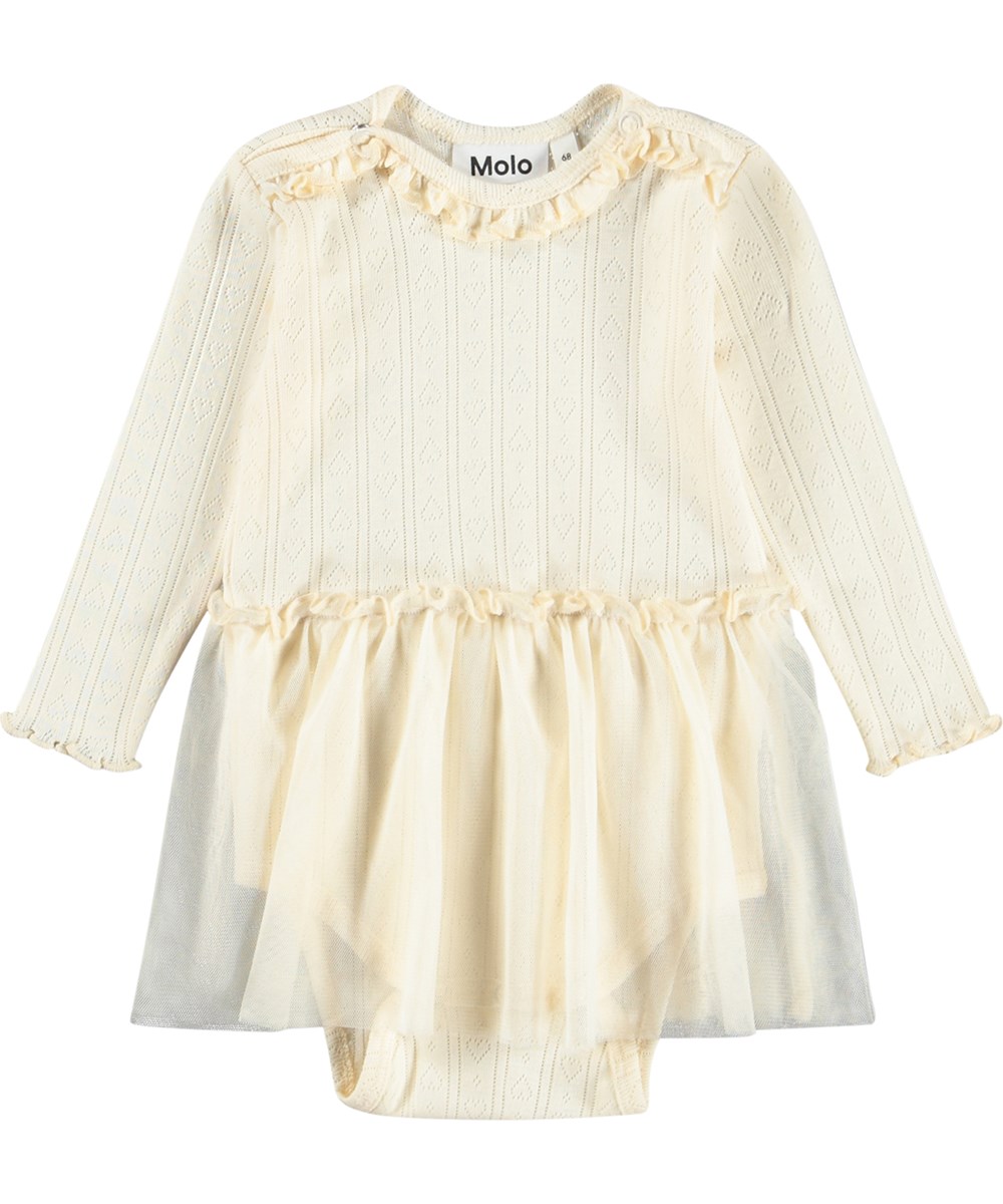 Frillo - Pearled Ivory - White, long-sleeved bodysuit for the little ones made of cotton pointelle with ruffle details and skirt