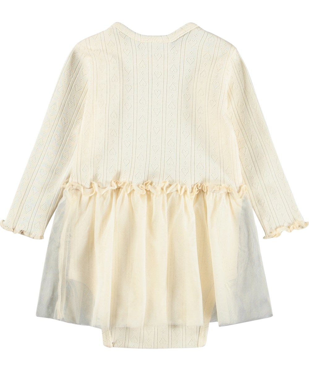 Frillo - Pearled Ivory - White, long-sleeved bodysuit for the little ones made of cotton pointelle with ruffle details and skirt