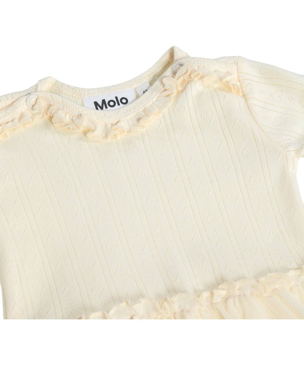 Frillo - Pearled Ivory - White, long-sleeved bodysuit for the little ones made of cotton pointelle with ruffle details and skirt