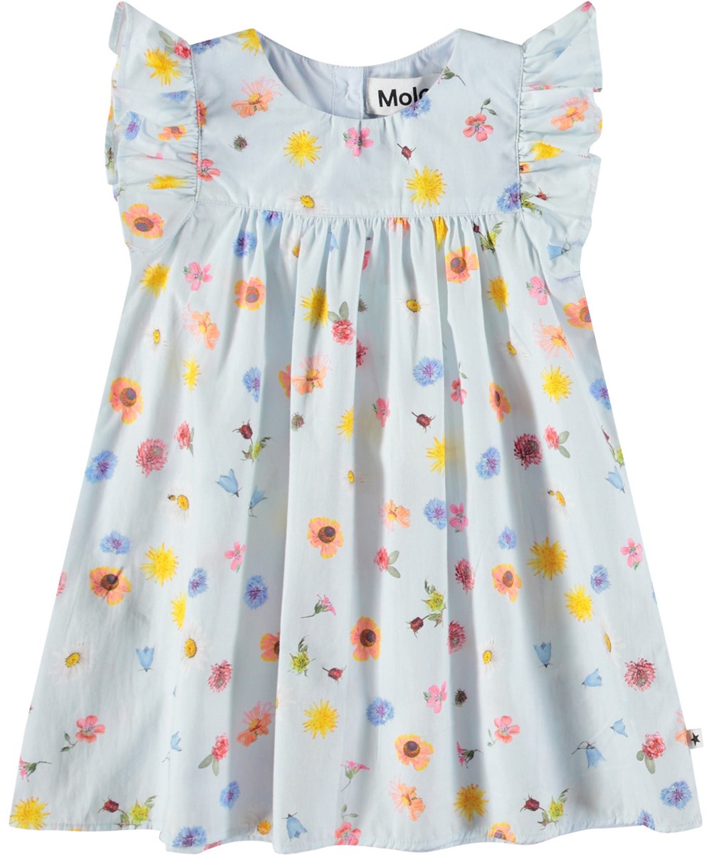 Cacao - Small Flowers Baby - Dress in organic cotton poplin for baby. The dress is light blue with a floral print.