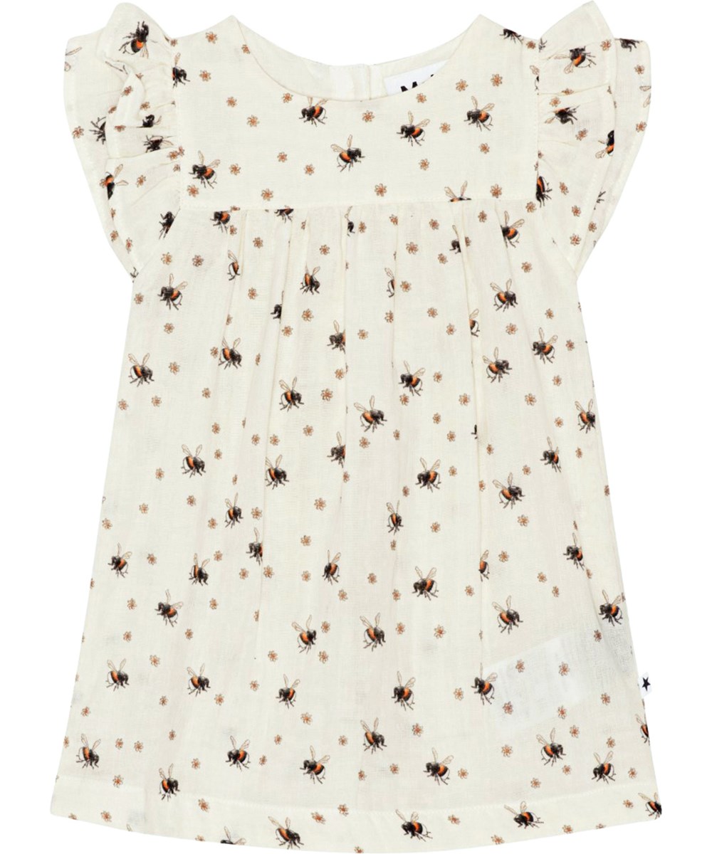 Cachea - Bumblebee - White, organic baby dress with bumblebee and flower print