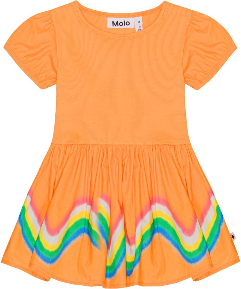 Caitlin - Baby Rainbow - Orange, organic baby dress with rainbow print 