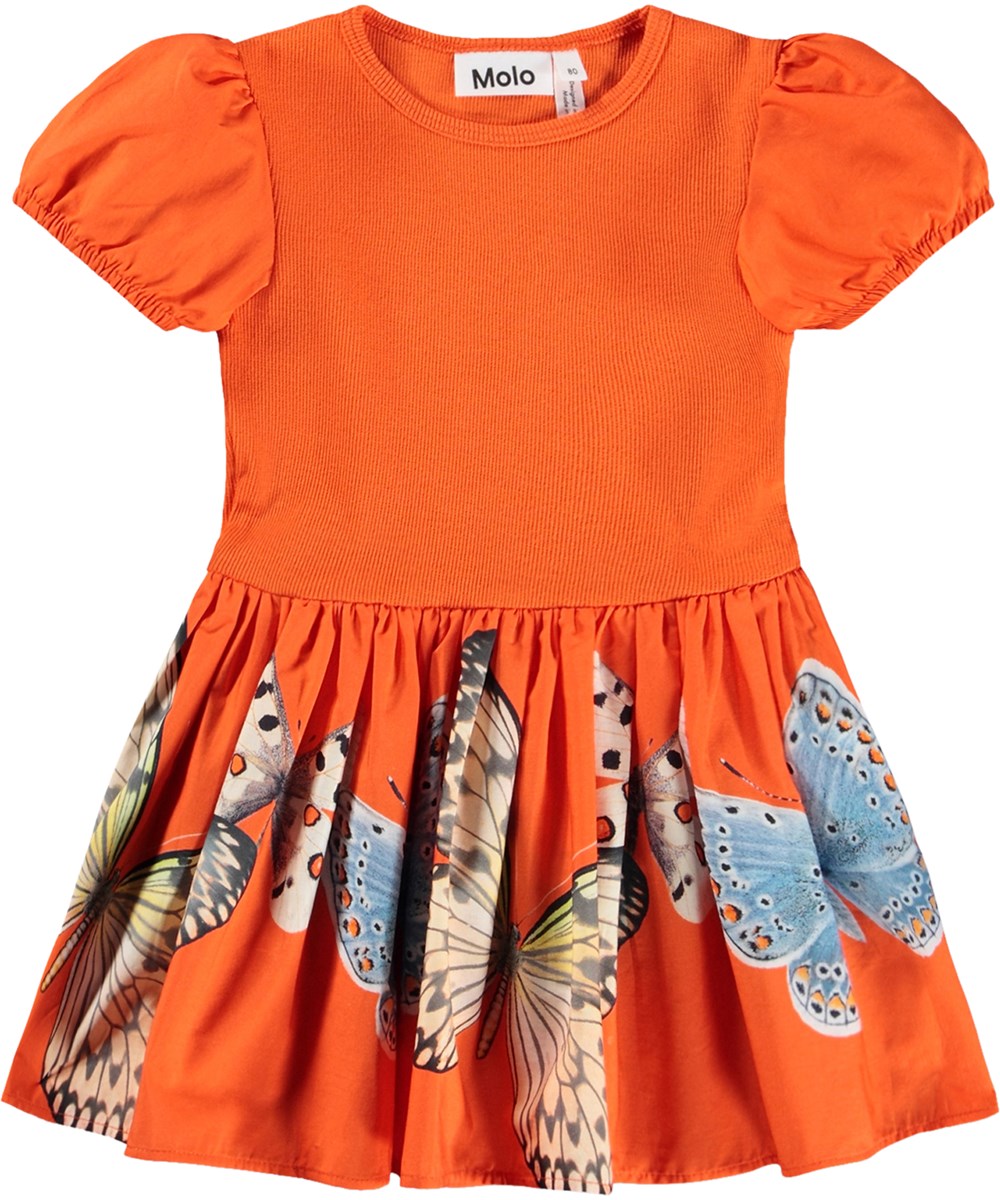 Caitlin - Fluttering - Orange dress for the little ones made of organic cotton with a butterfly print and puff sleeves