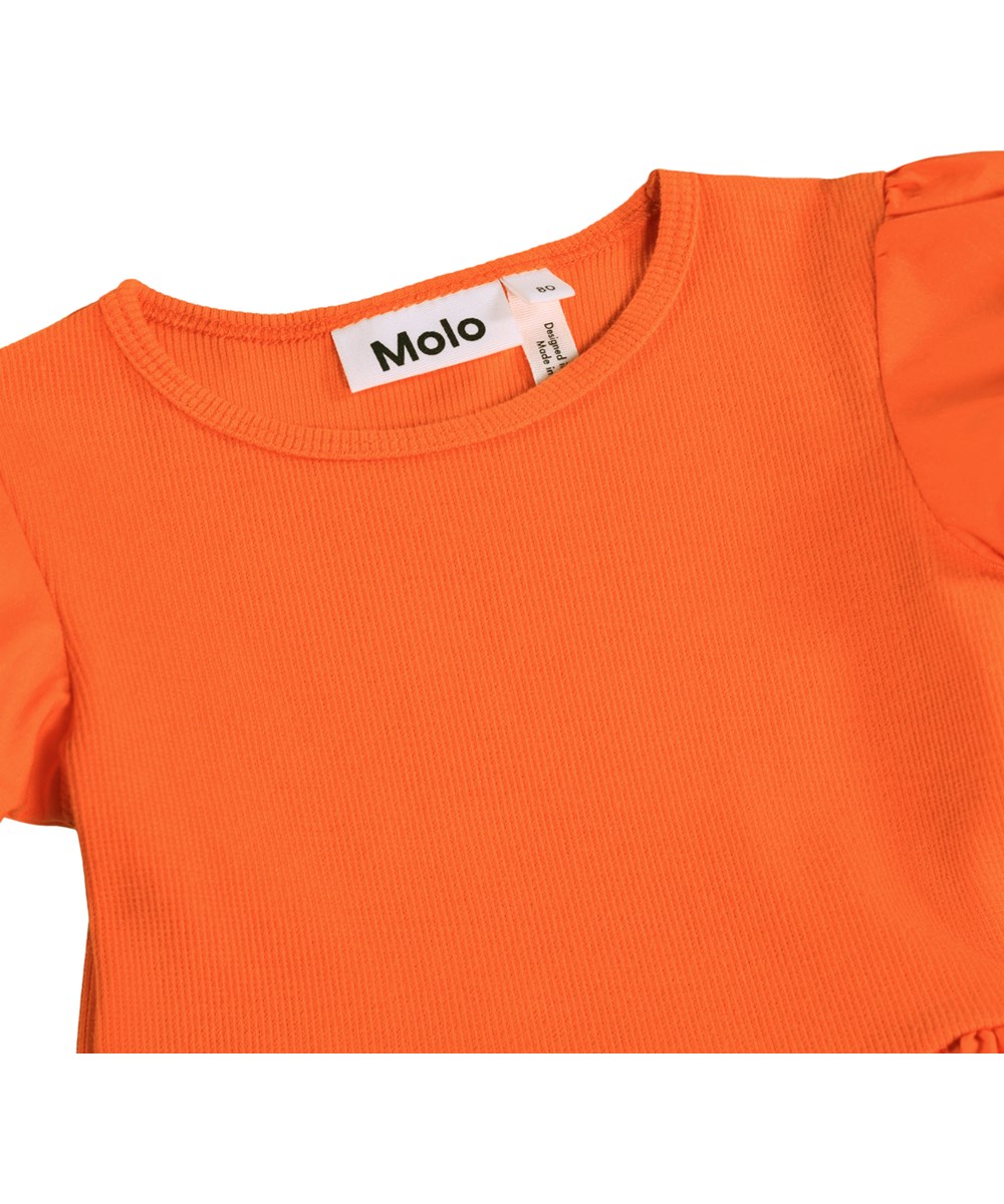 Caitlin - Fluttering - Orange dress for the little ones made of organic cotton with a butterfly print and puff sleeves