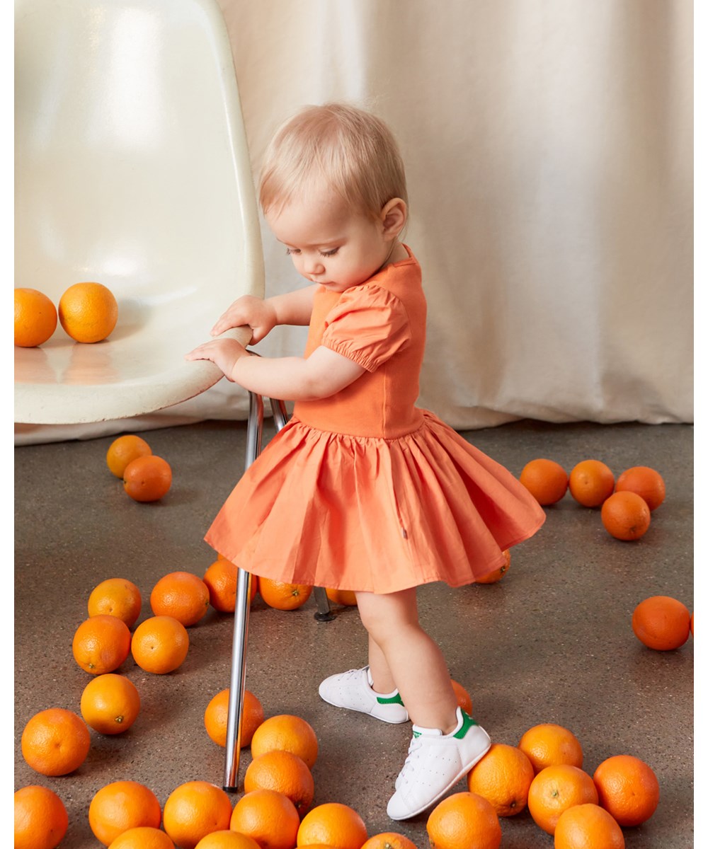 Caitlin - Peach - Orange organic baby dress with poplin skirt 