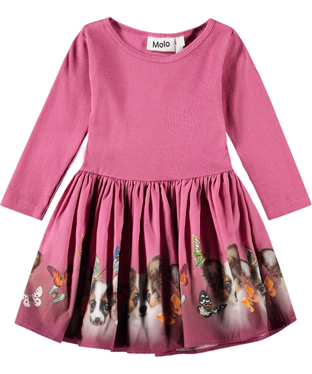 Candi - Fluffy Puppies - Dark rose long-sleeved dress in organic cotton with  puppy's and butterflies
