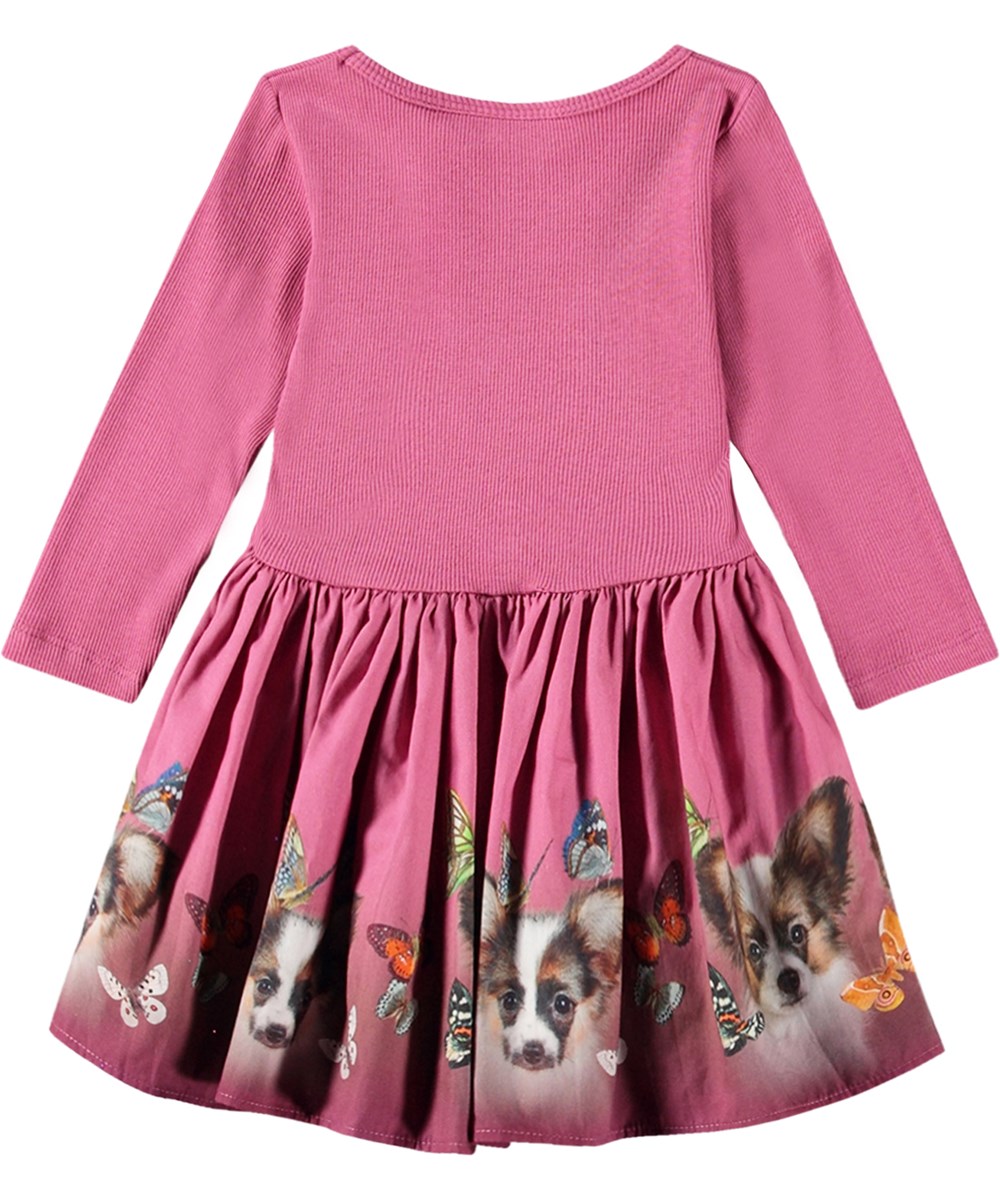 Candi - Fluffy Puppies - Dark rose long-sleeved dress in organic cotton with  puppy's and butterflies