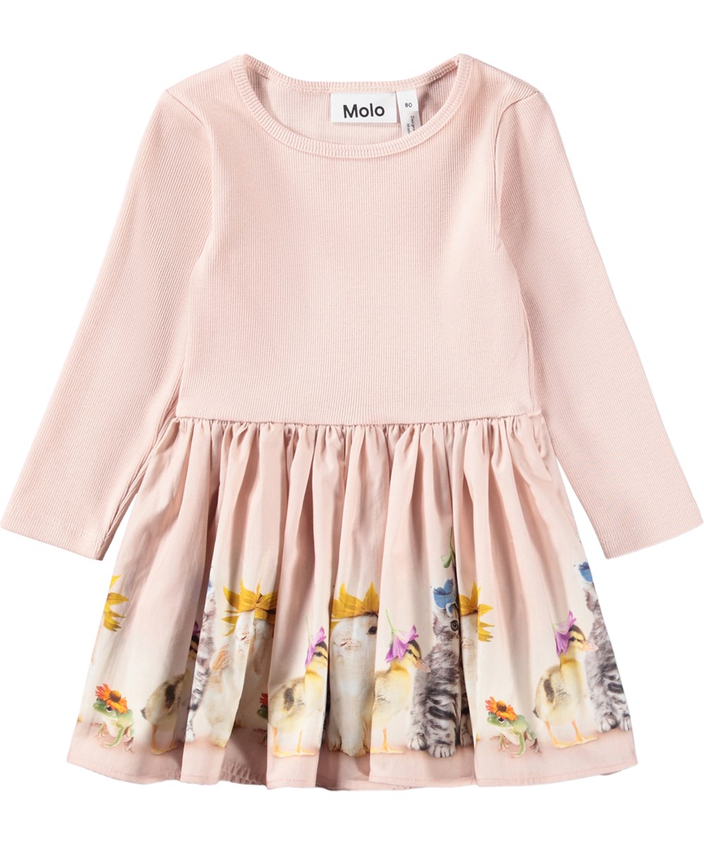 Candi - Funny Bunnies - Long-sleeved, pink dress for the little ones with an animal print and poplin skirt