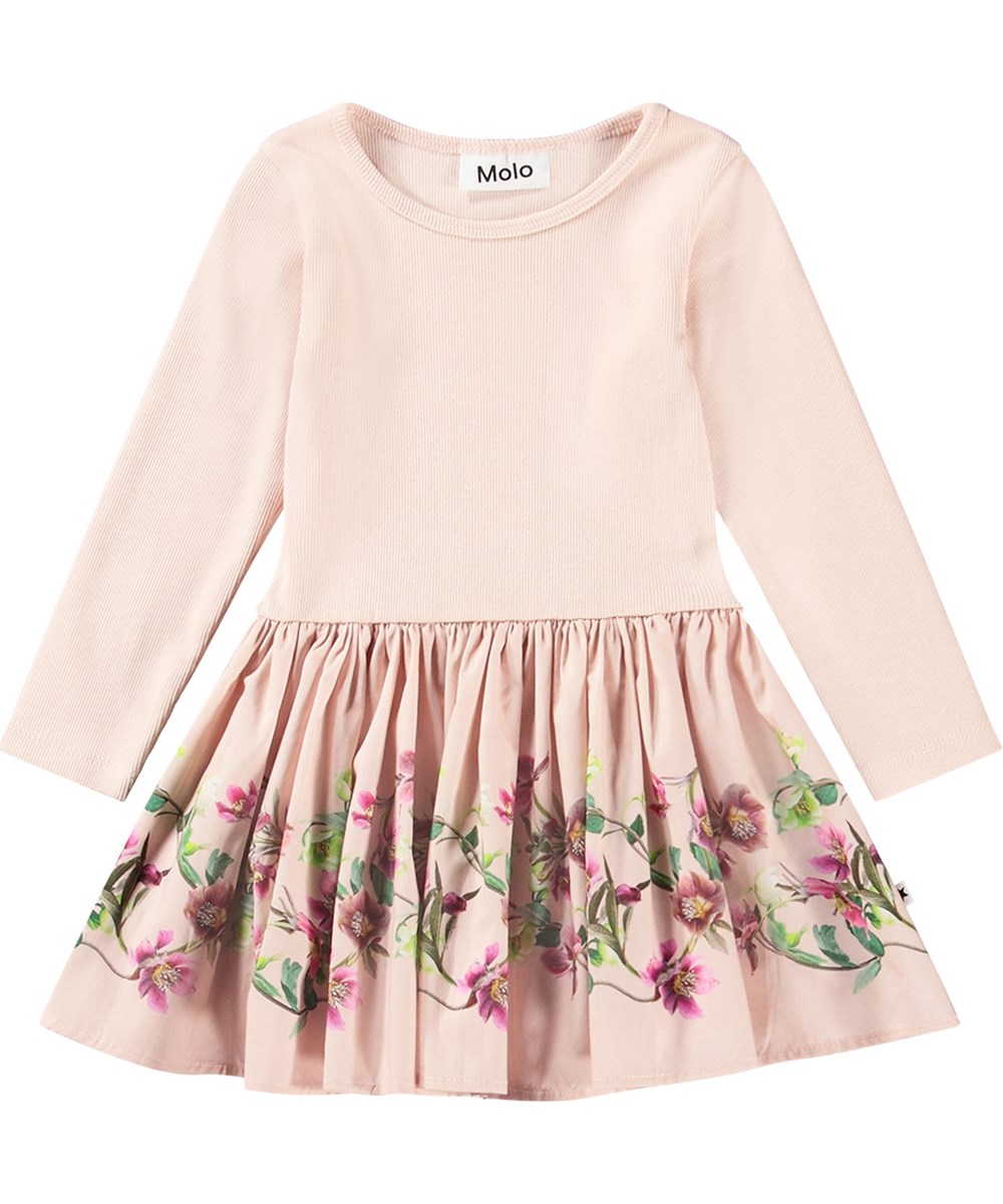 Candi - Mini Hellebore - Beige organic cotton dress with snug ribbed top and poplin skirt with flower print