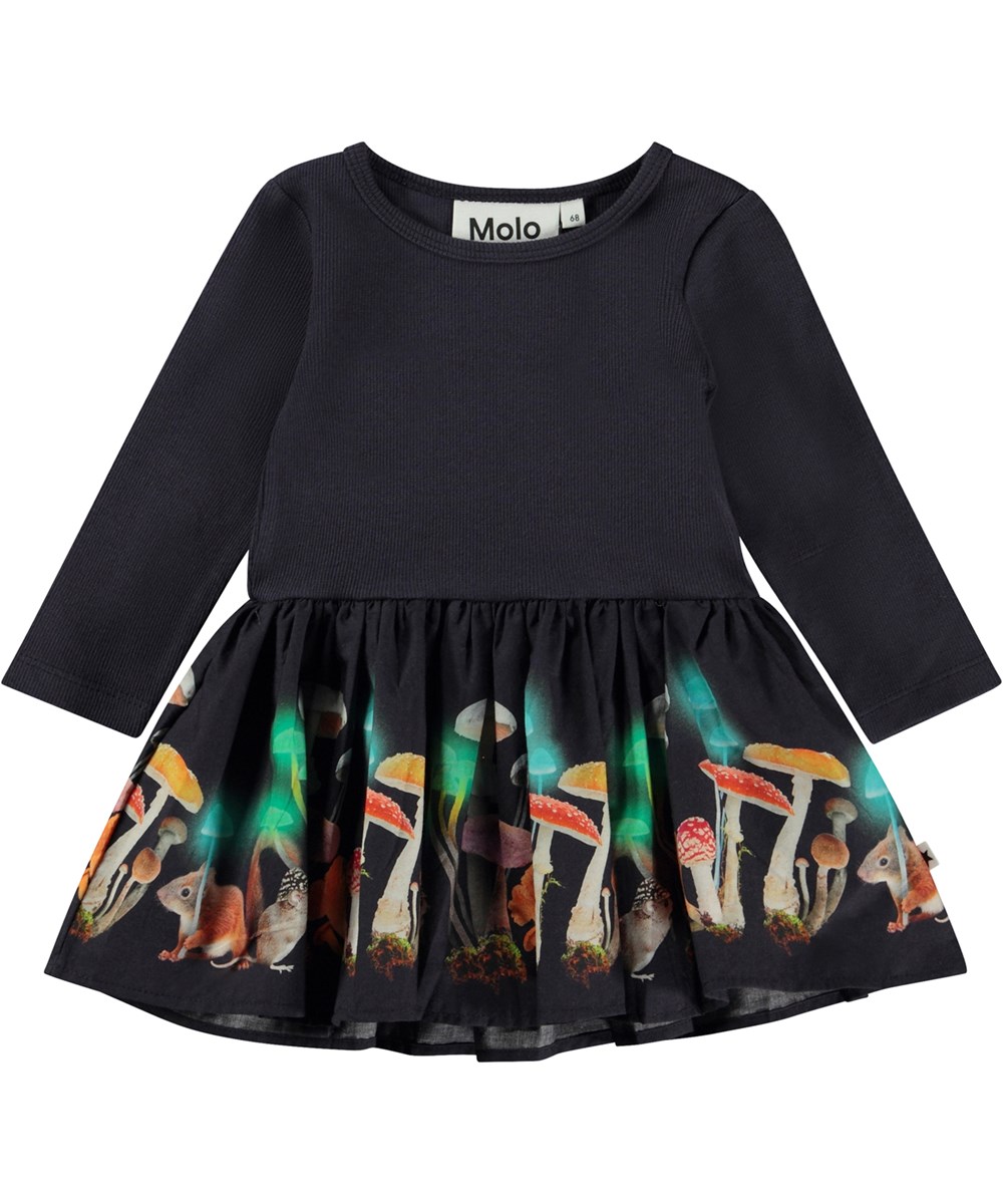 Candi - Nighttime - Dark blue organic baby dress with mushroom print 