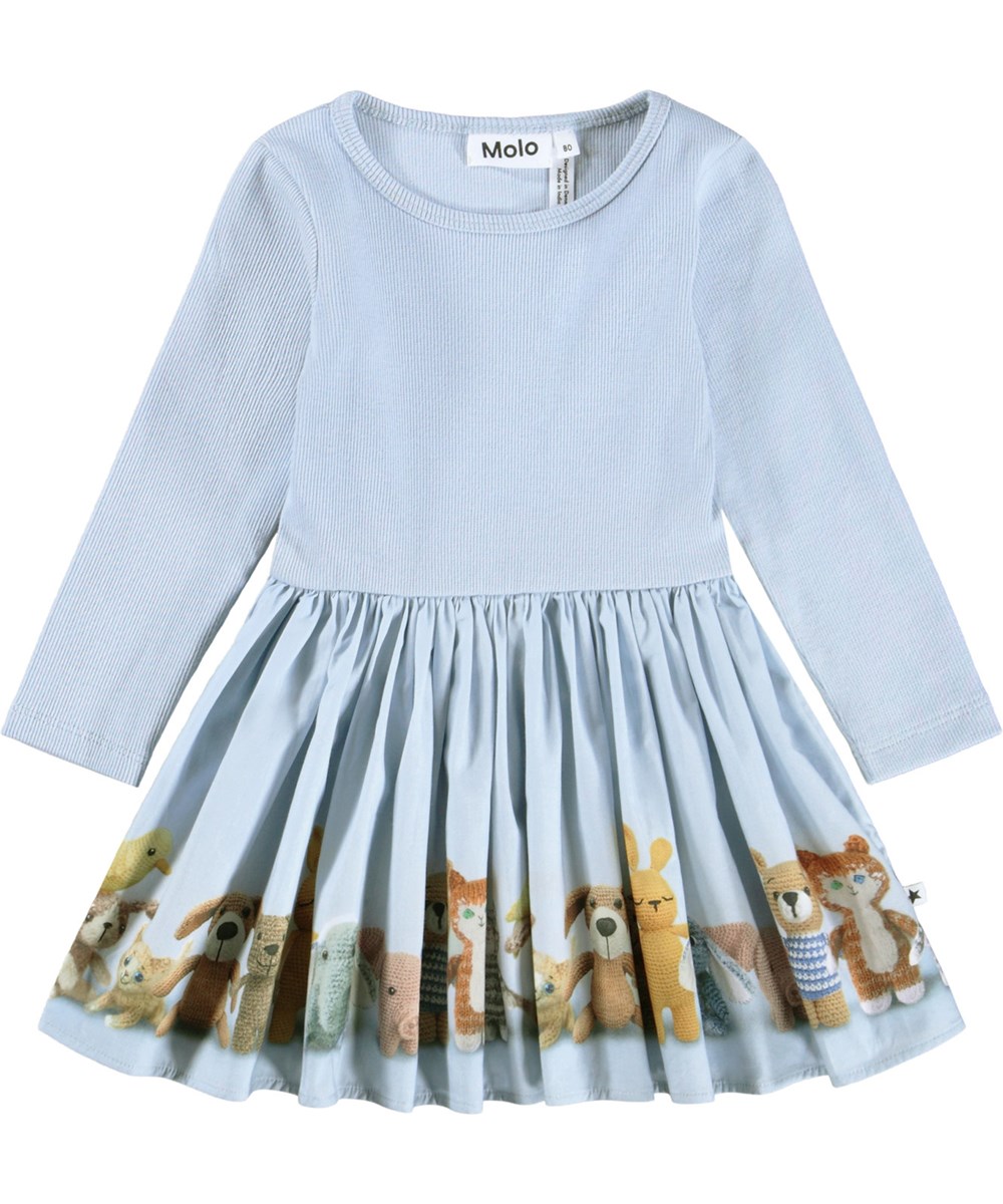 Candi - Teddy Collection - Long-sleeved dress for the little ones made of organic cotton.  The dress is light blue with crocheted teddy bears.