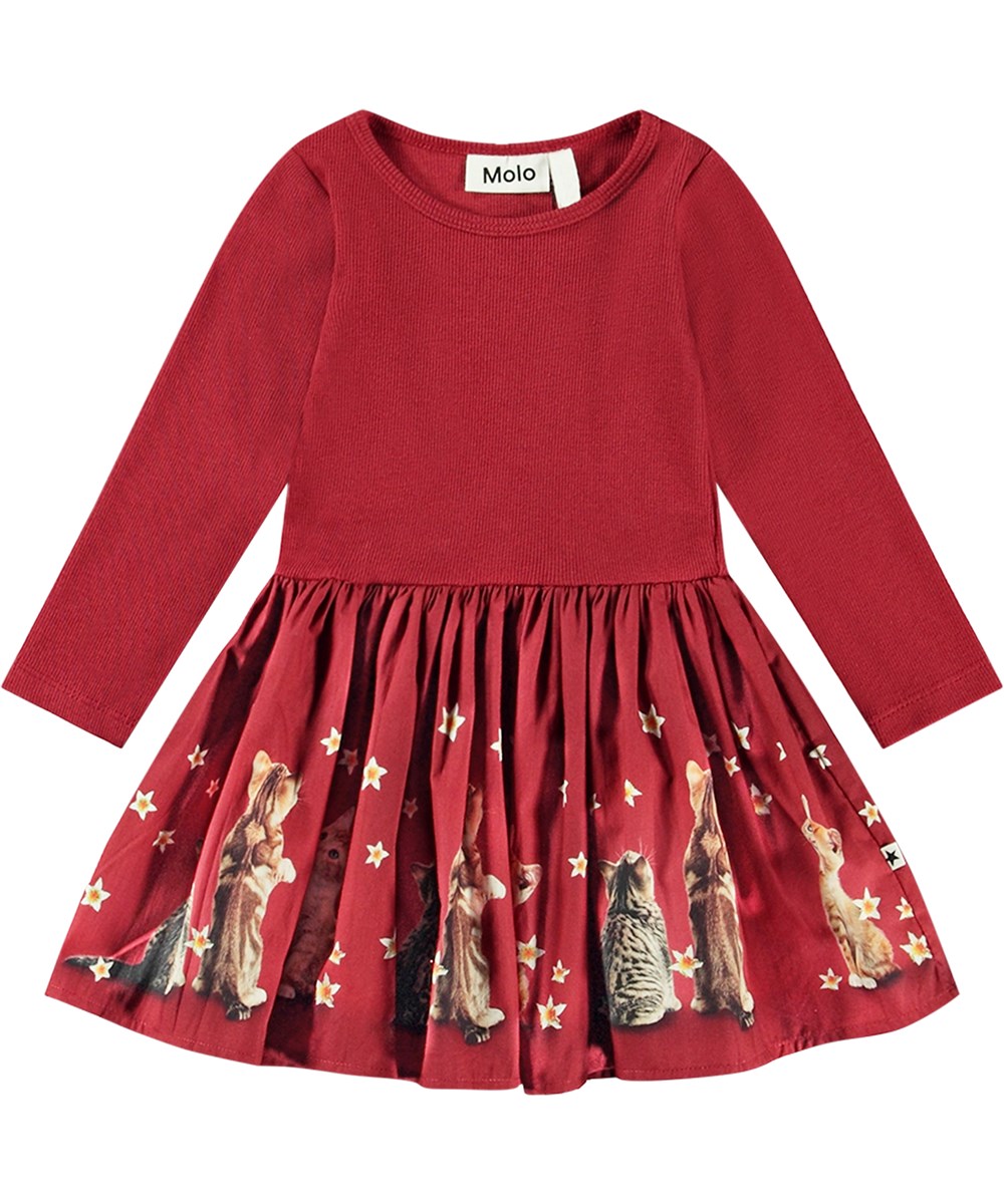 Candi - Velvety Kittens - Red long-sleeved dress in organic cotton with playful kitten print