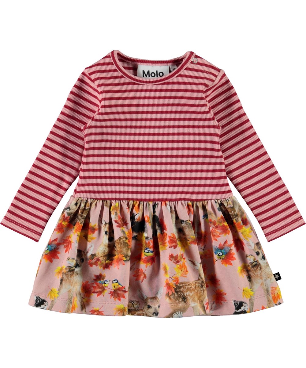 Carel - Autumn Fawns - Pink organic baby dress with stripes and deer 