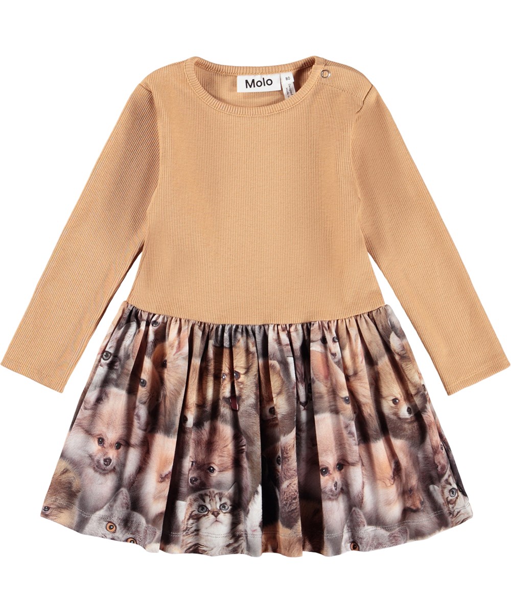 Carel - Fuzzy Fluffy - Light brown long-sleeved dress for the little ones made of organic cotton with a print of dogs and cats.