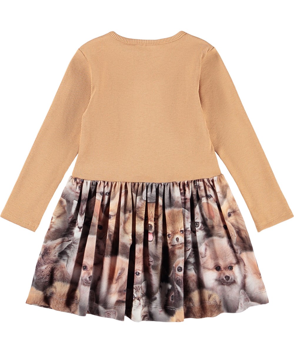 Carel - Fuzzy Fluffy - Light brown long-sleeved dress for the little ones made of organic cotton with a print of dogs and cats.