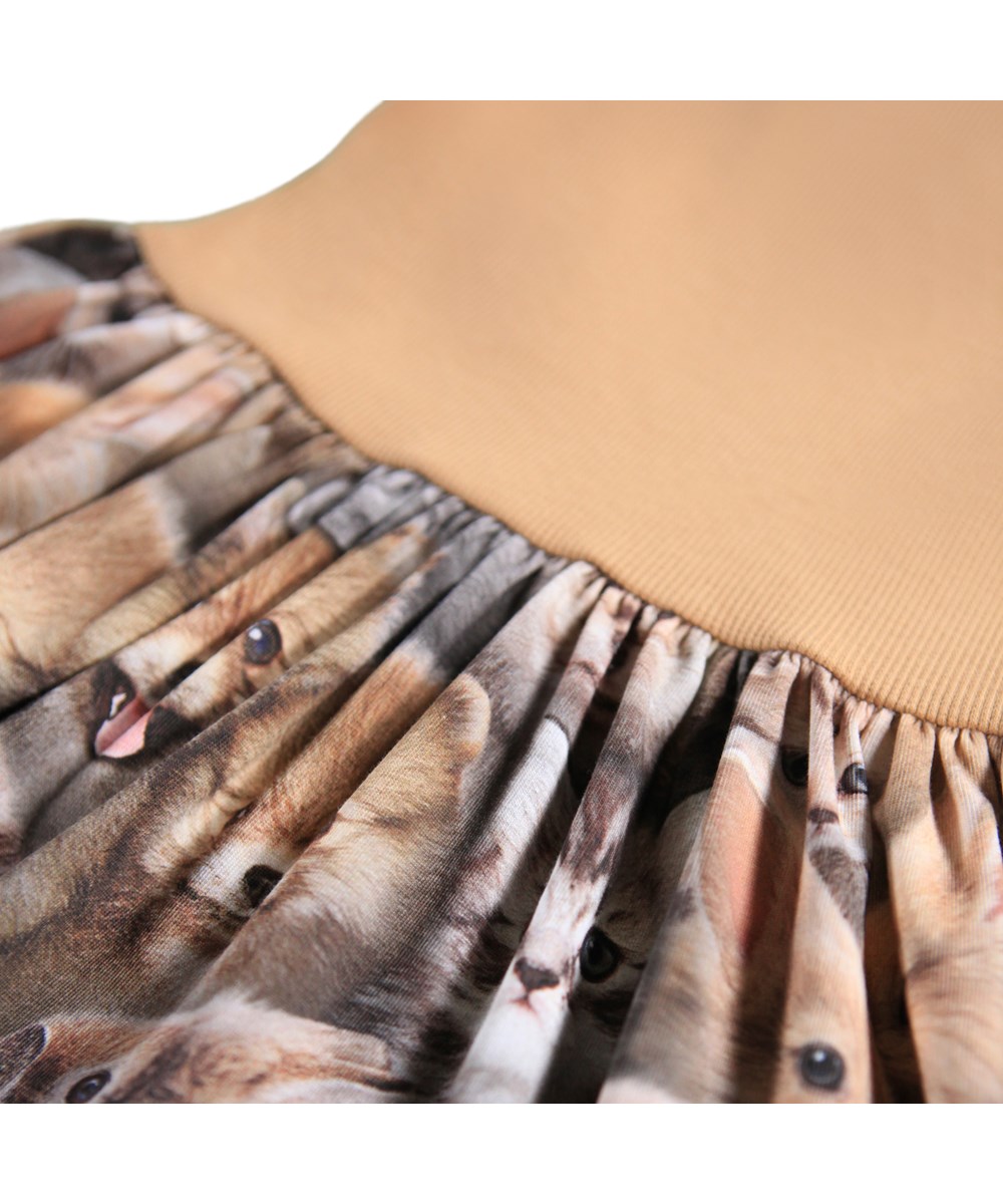 Carel - Fuzzy Fluffy - Light brown long-sleeved dress for the little ones made of organic cotton with a print of dogs and cats.