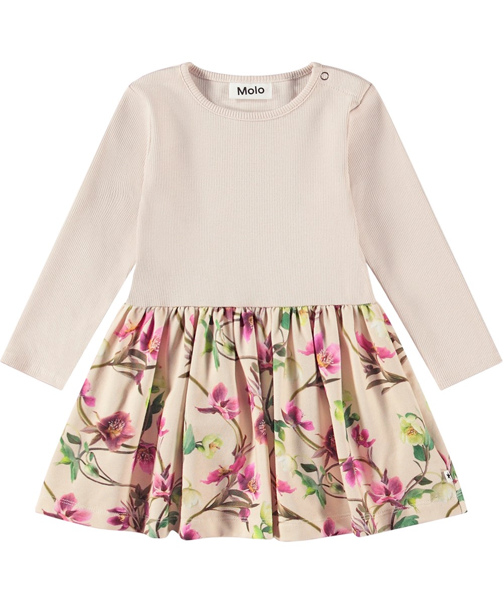 Carel - Hellebore - Beige organic cotton dress for little ones with flower print.