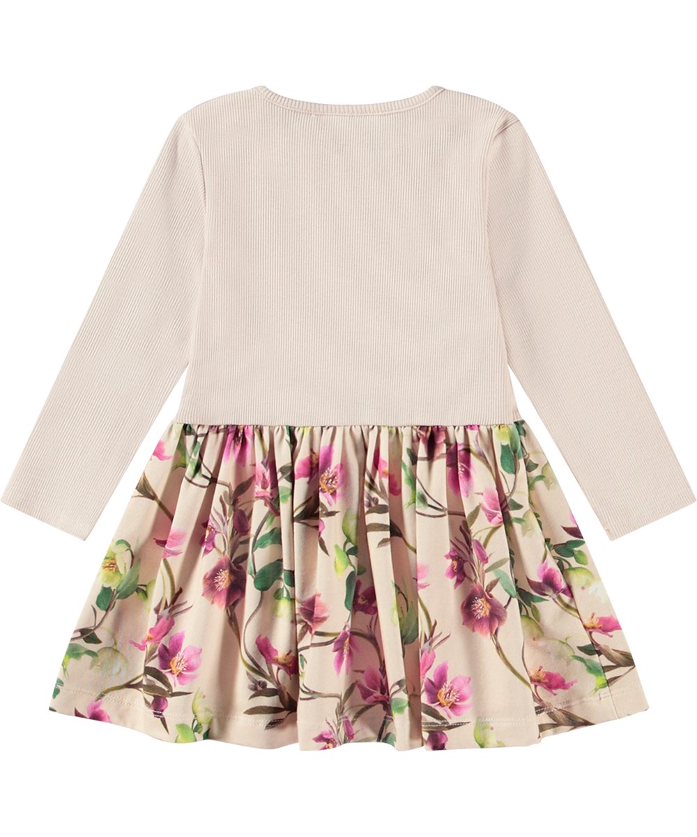 Carel - Hellebore - Beige organic cotton dress for little ones with flower print.