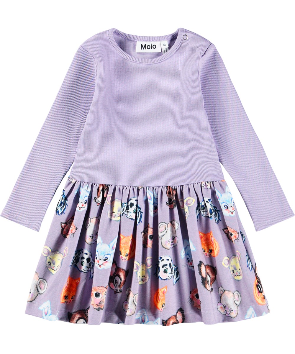 Carel - Itty Bitty - Light purple long-sleeved dress for the little ones made of organic cotton with a print of drawn animals.
