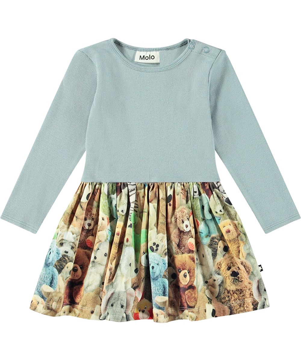 Carel - Teddy Friends - Blue long-sleeved dress in organic cotton with teddy bear print.